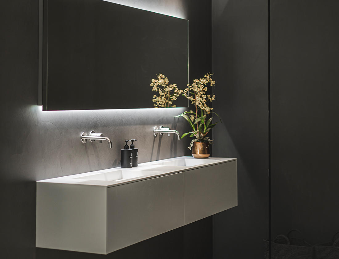 Hi Macs kleuren 24 Modern badkamermeubel Franeker Solid Surface Corian met geïntegreerde wastafel