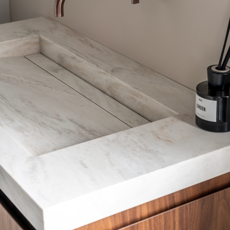 Wastafel voor meubel, op maat gemaakt 32 Corian Carrera Crema solid surface wasbak