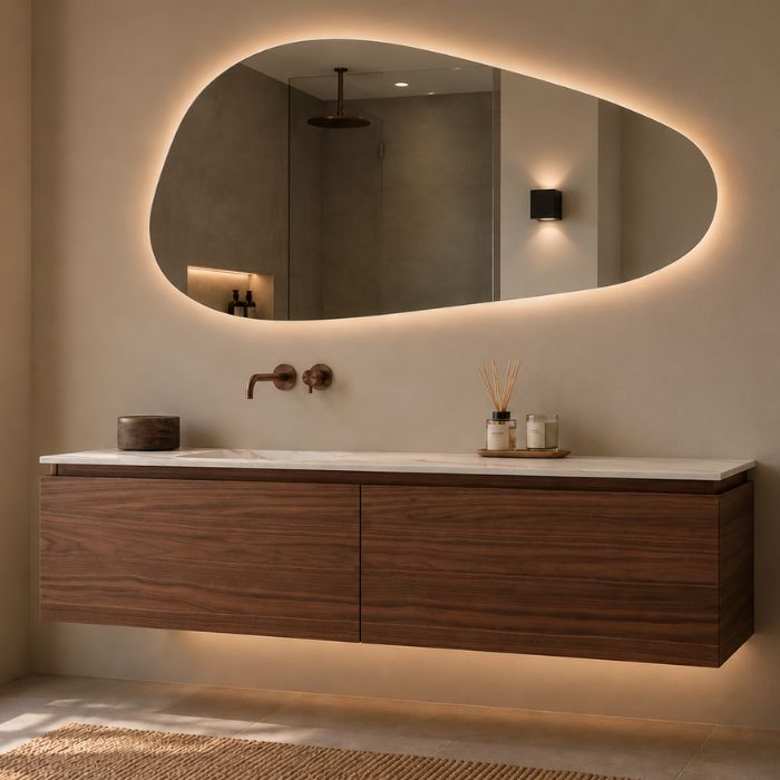 Notenhouten badkamermeubel met grote wasbak van solid surface